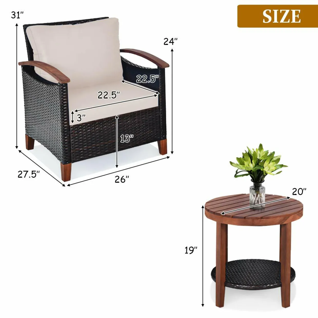 3 Pieces Patio Furniture Set, Outdoor Rattan Sofa and Side Table w/Solid Acacia Wood Frame