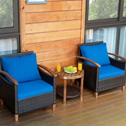 3 Pieces Patio Furniture Set, Outdoor Rattan Sofa and Side Table w/Solid Acacia Wood Frame
