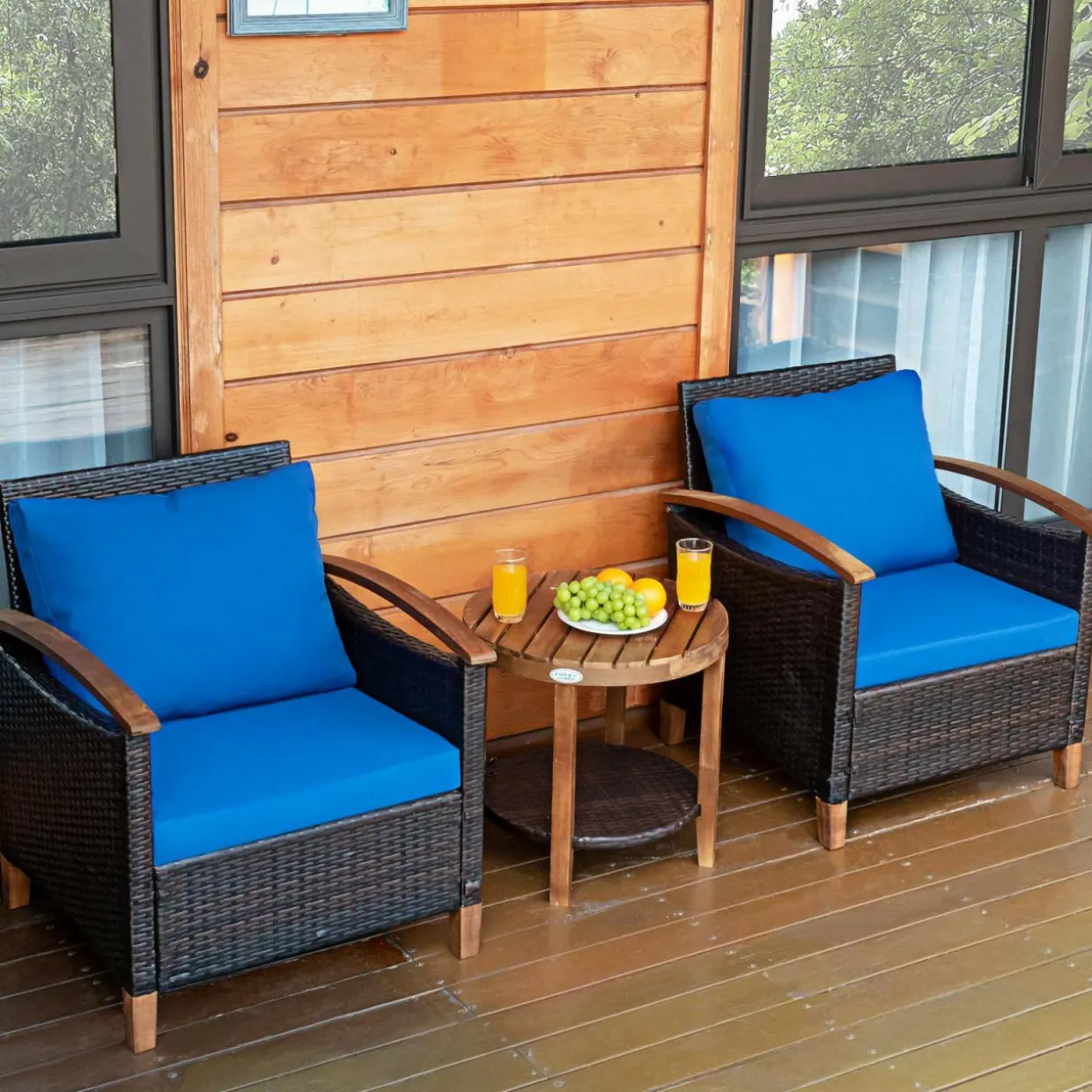 3 Pieces Patio Furniture Set, Outdoor Rattan Sofa and Side Table w/Solid Acacia Wood Frame