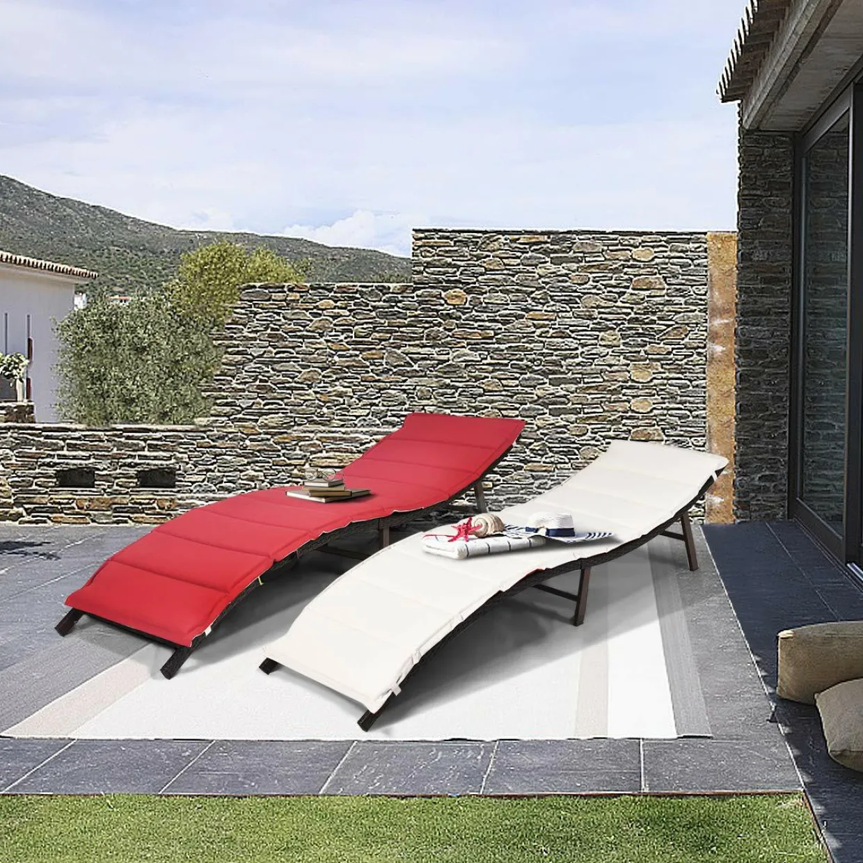 2 Pieces Patio Rattan Chaise Lounge, Outdoor Wicker Lounge Chair