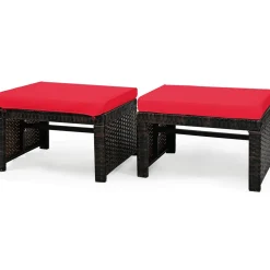 2 Pieces Patio Rattan Ottomans, All Weather Outdoor Footstool Footrest Seat