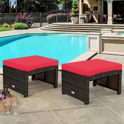 2 Pieces Patio Rattan Ottomans, All Weather Outdoor Footstool Footrest Seat