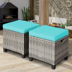 2 Pieces Patio Rattan Ottomans, Outdoor Wicker Footstool Footrest Seat with Soft Cushions and Steel Frame