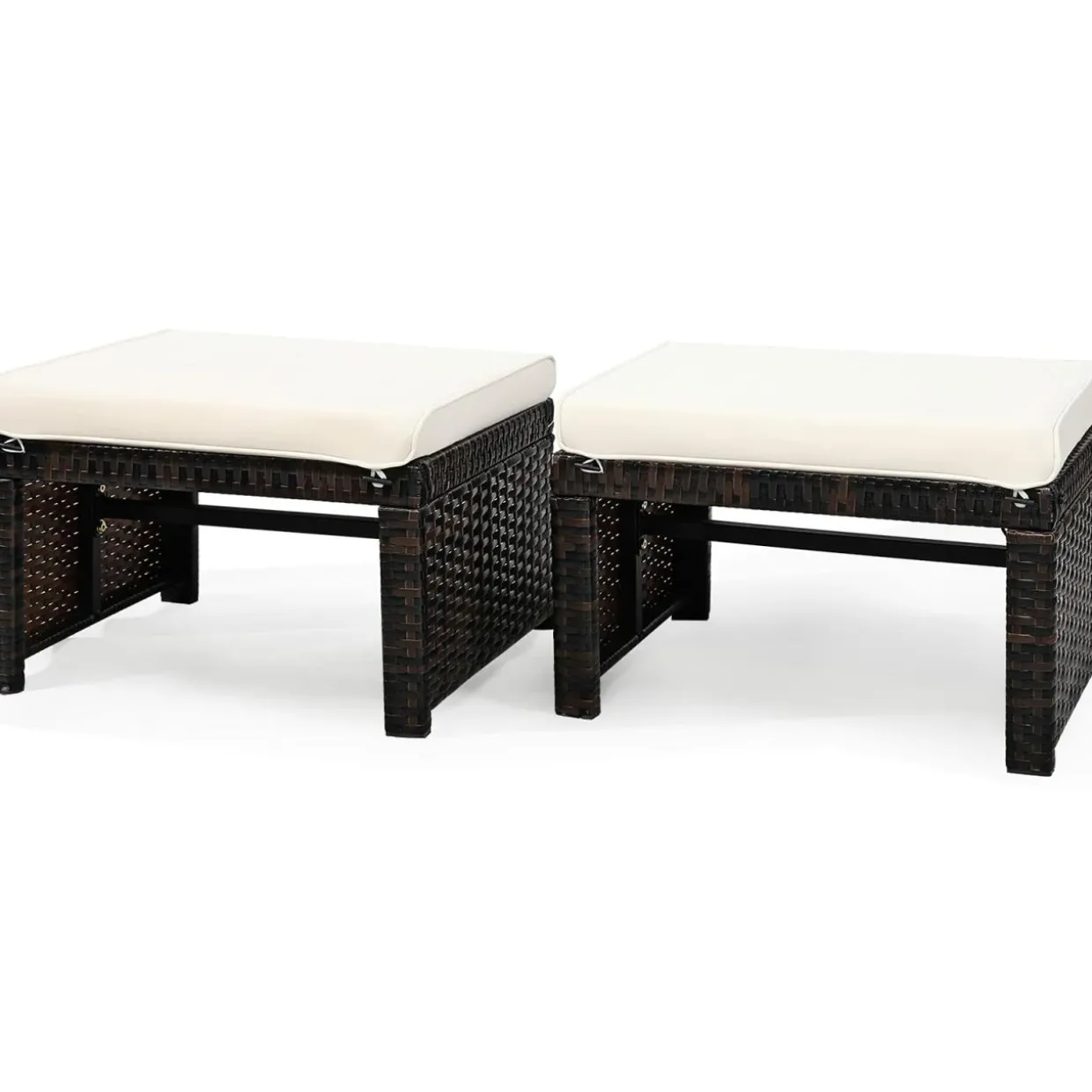 2 Pieces Patio Rattan Ottomans, All Weather Outdoor Footstool Footrest Seat