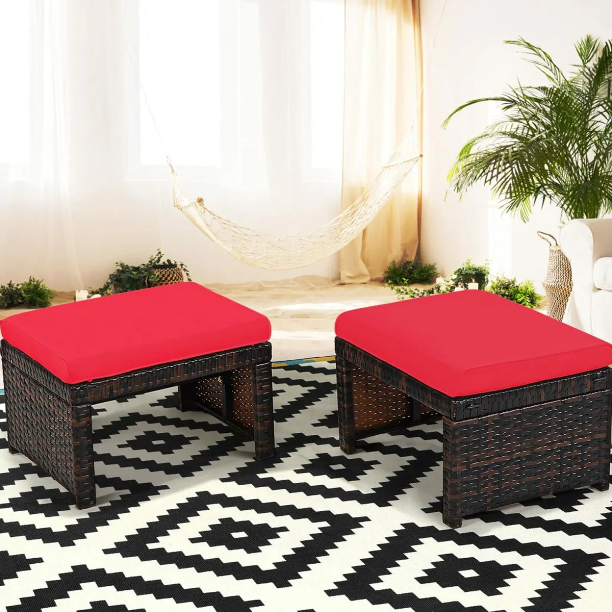 2 Pieces Patio Rattan Ottomans, All Weather Outdoor Footstool Footrest Seat