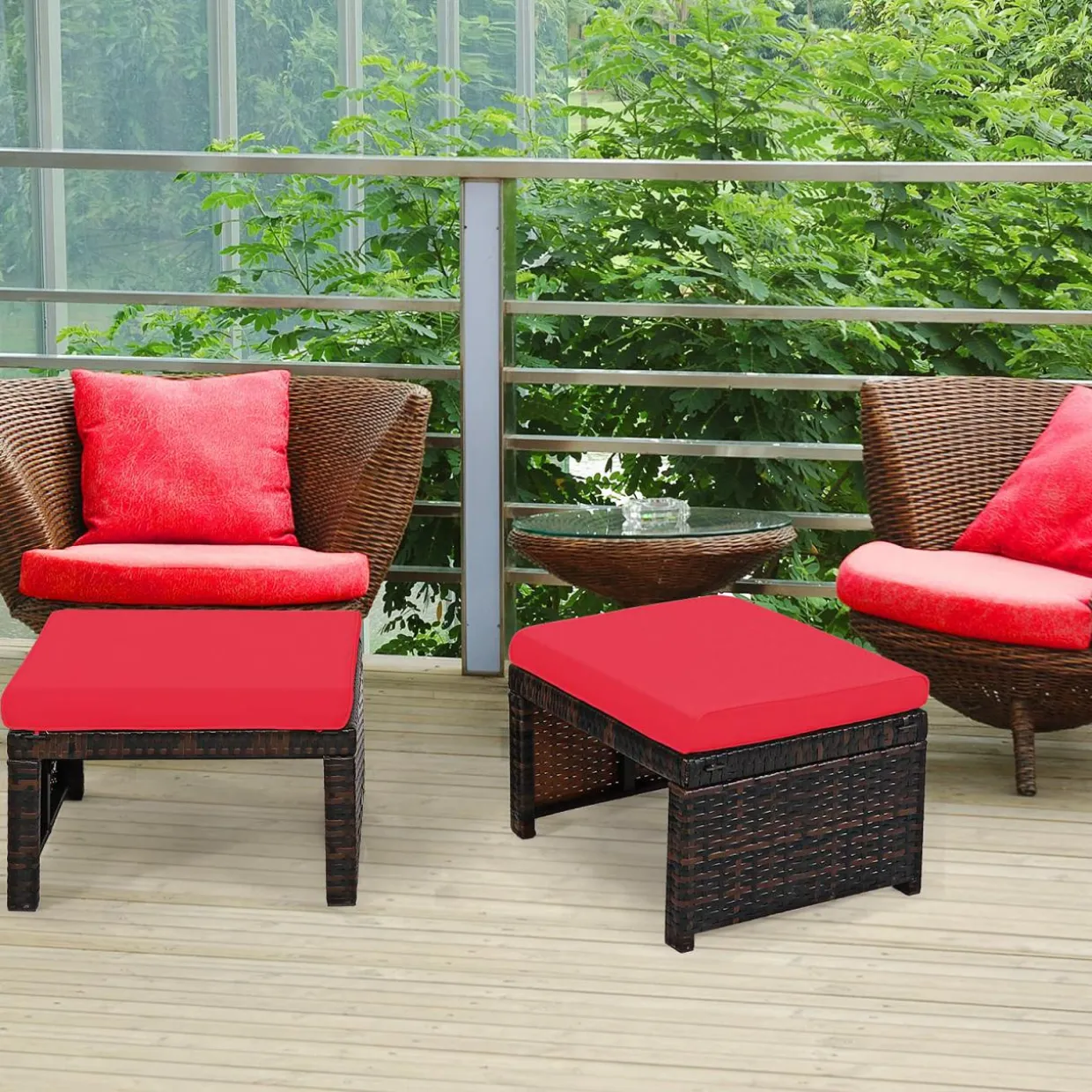 2 Pieces Patio Rattan Ottomans, All Weather Outdoor Footstool Footrest Seat