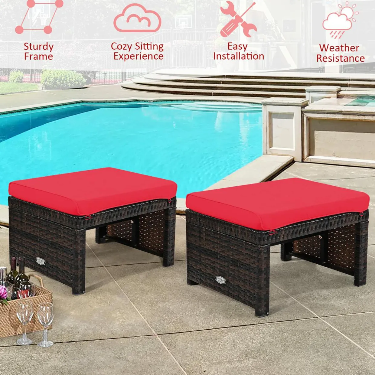 2 Pieces Patio Rattan Ottomans, All Weather Outdoor Footstool Footrest Seat