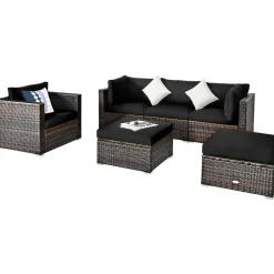 6 Pieces Patio Rattan Sectional Furniture Set, Outdoor Wicker Conversation Set with Glass Coffee Table Sofa Ottoman
