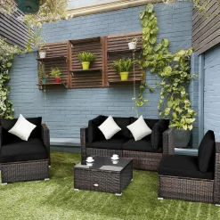 6 Pieces Patio Rattan Sectional Furniture Set, Outdoor Wicker Conversation Set with Glass Coffee Table Sofa Ottoman