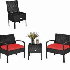 3 Pieces Patio Wicker Conversation Set, Outdoor Rattan Furniture with Washable Thick Cushion & Coffee Table