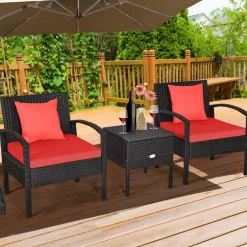 3 Pieces Patio Wicker Conversation Set, Outdoor Rattan Furniture with Washable Thick Cushion & Coffee Table