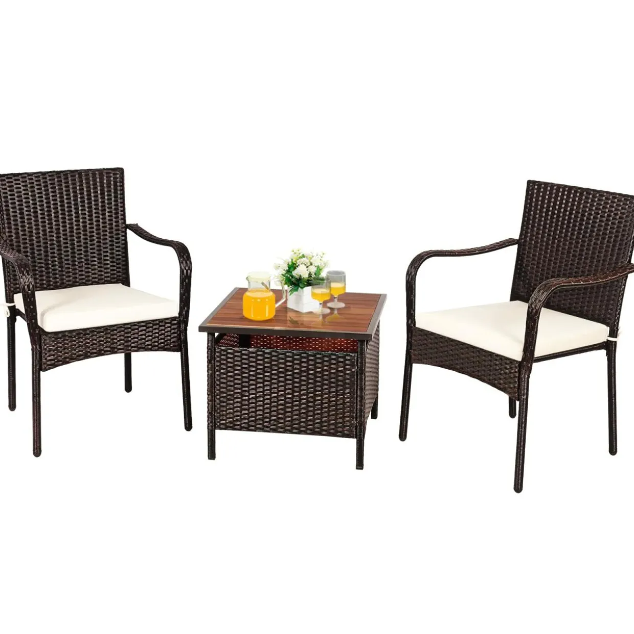 3 Pieces Wicker Bistro Set, Outdoor Conversation Set with 2 Comfortable Cushions