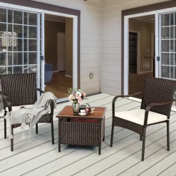 3 Pieces Wicker Bistro Set, Outdoor Conversation Set with 2 Comfortable Cushions