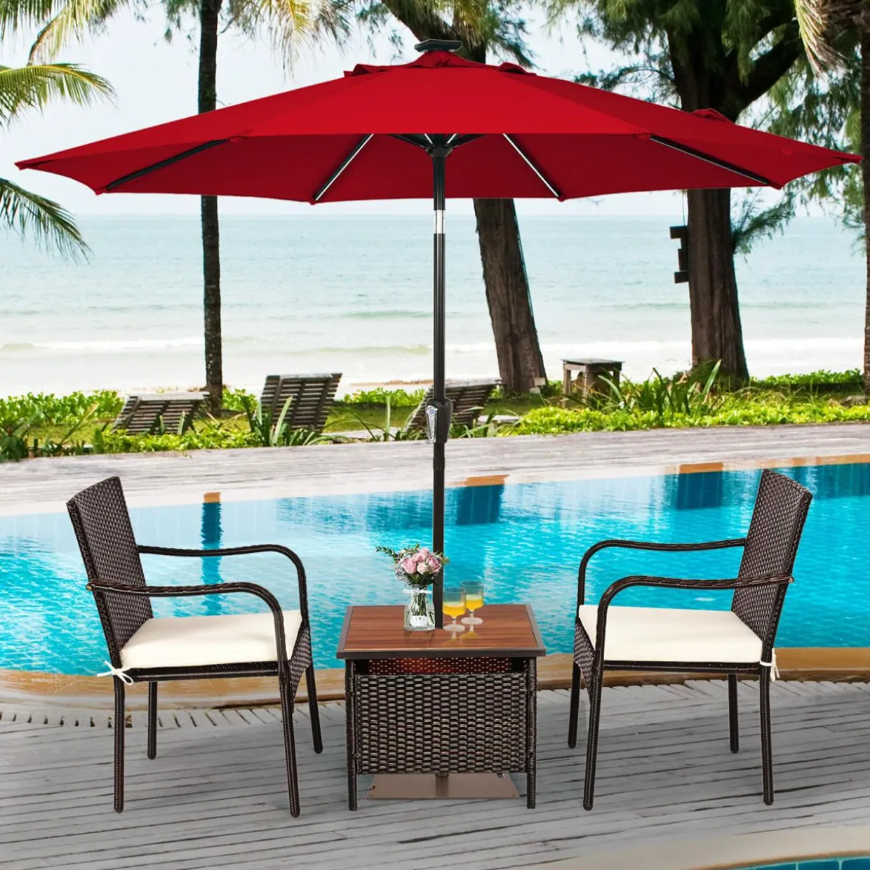 3 Pieces Wicker Bistro Set, Outdoor Conversation Set with 2 Comfortable Cushions