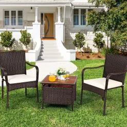 3 Pieces Wicker Bistro Set, Outdoor Conversation Set with 2 Comfortable Cushions