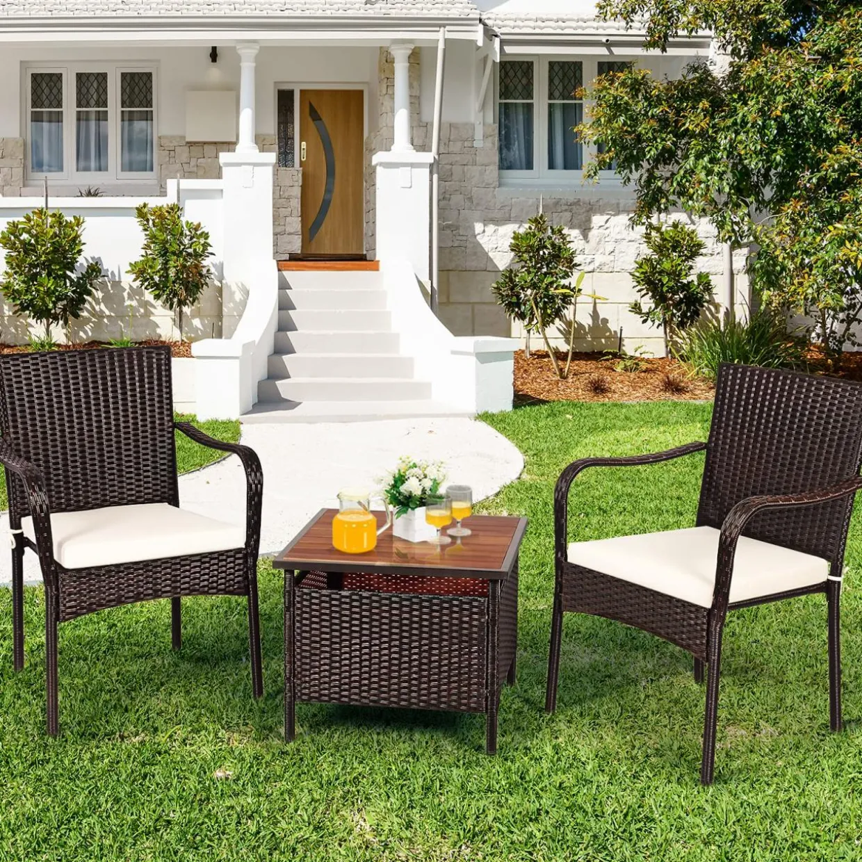 3 Pieces Wicker Bistro Set, Outdoor Conversation Set with 2 Comfortable Cushions