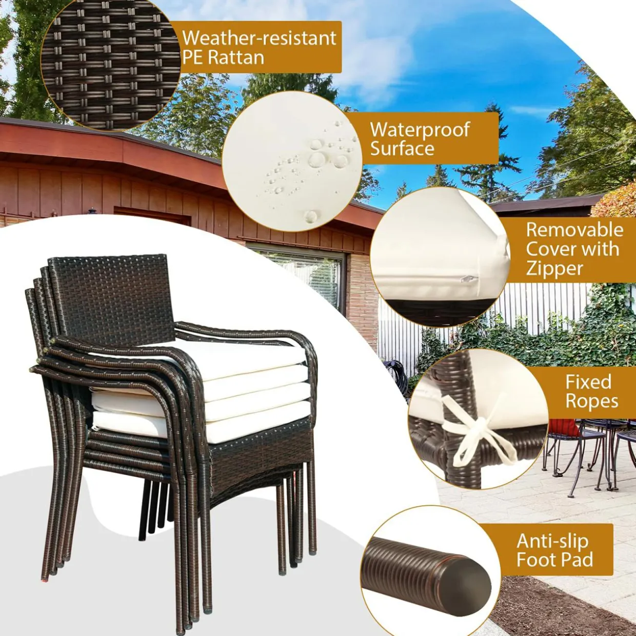 3 Pieces Wicker Bistro Set, Outdoor Conversation Set with 2 Comfortable Cushions