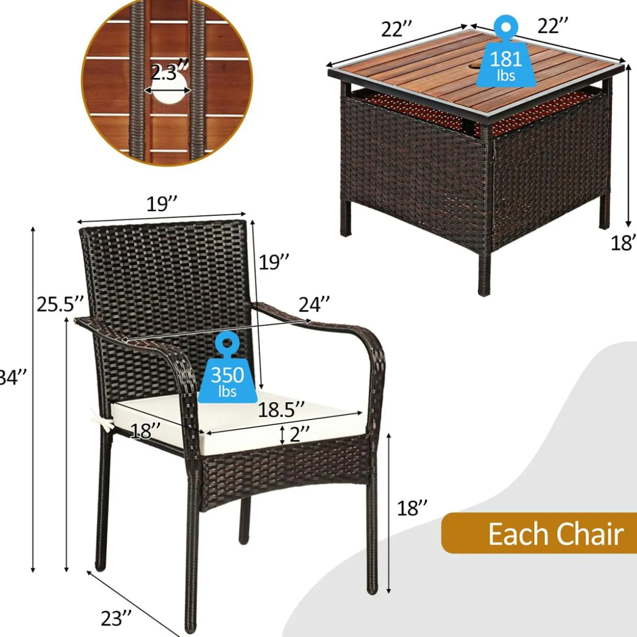 3 Pieces Wicker Bistro Set, Outdoor Conversation Set with 2 Comfortable Cushions