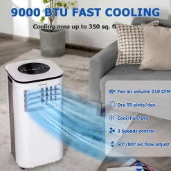 Portable Air Conditioner, 9000BTU 4-in-1 Multi-function Air Conditioner with 2 Wind Speeds, Remote Control, 24H Timer
