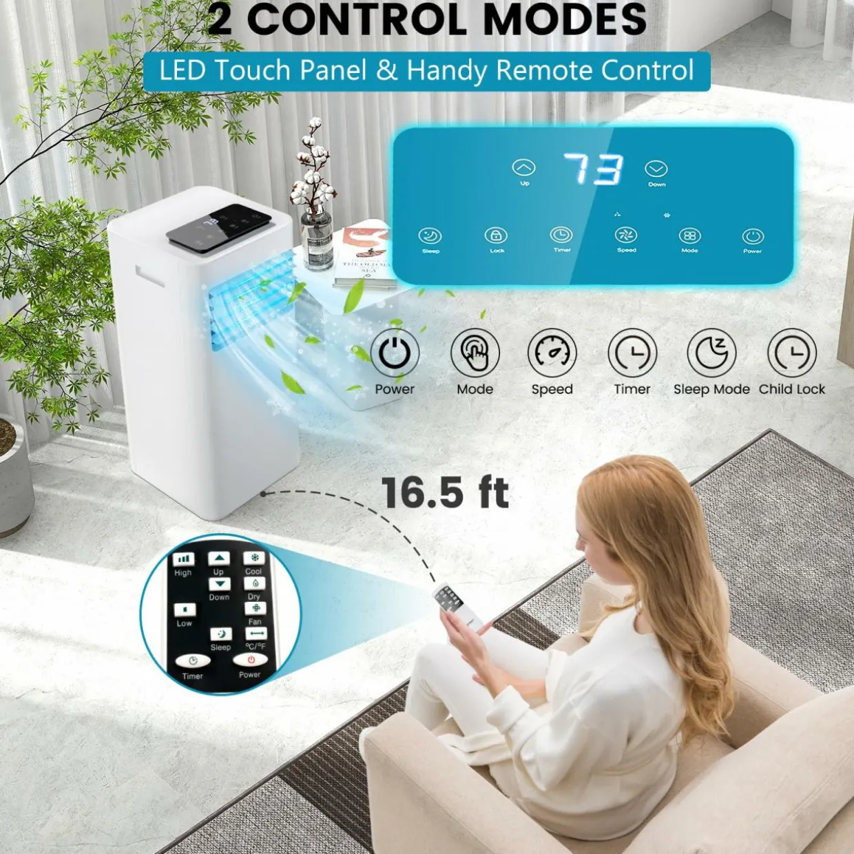 Portable Air Conditioner for Room up to 250 Sq. Ft, 8000 BTU 3-in-1 AC Unit for Bedroom w/Sleep Mode