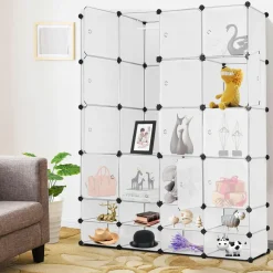 Portable Clothes Closet Wardrobe Bedroom Armoire DIY Storage Organizer Closet with Doors, 16 Cubes and 8 Shoe Racks