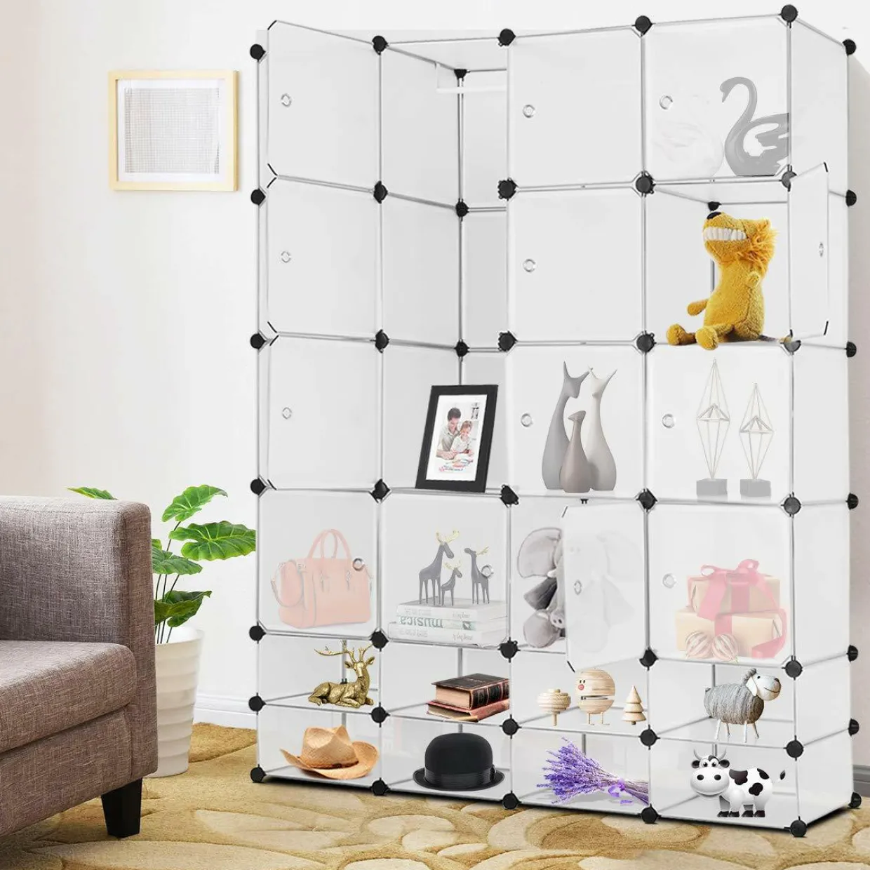 Portable Clothes Closet Wardrobe Bedroom Armoire DIY Storage Organizer Closet with Doors, 16 Cubes and 8 Shoe Racks