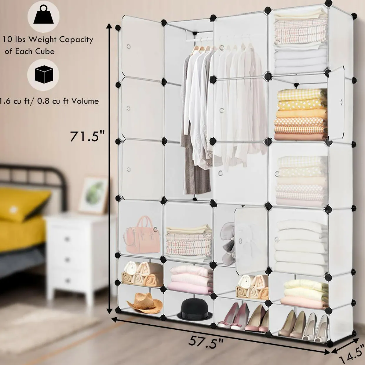 Portable Clothes Closet Wardrobe Bedroom Armoire DIY Storage Organizer Closet with Doors, 16 Cubes and 8 Shoe Racks