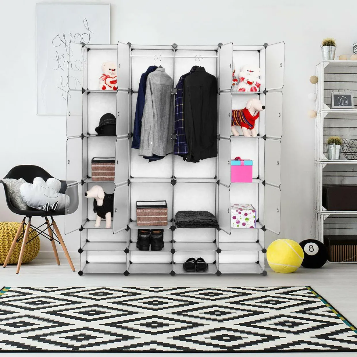 Portable Clothes Closet Wardrobe Bedroom Armoire DIY Storage Organizer Closet with Doors, 16 Cubes and 8 Shoe Racks