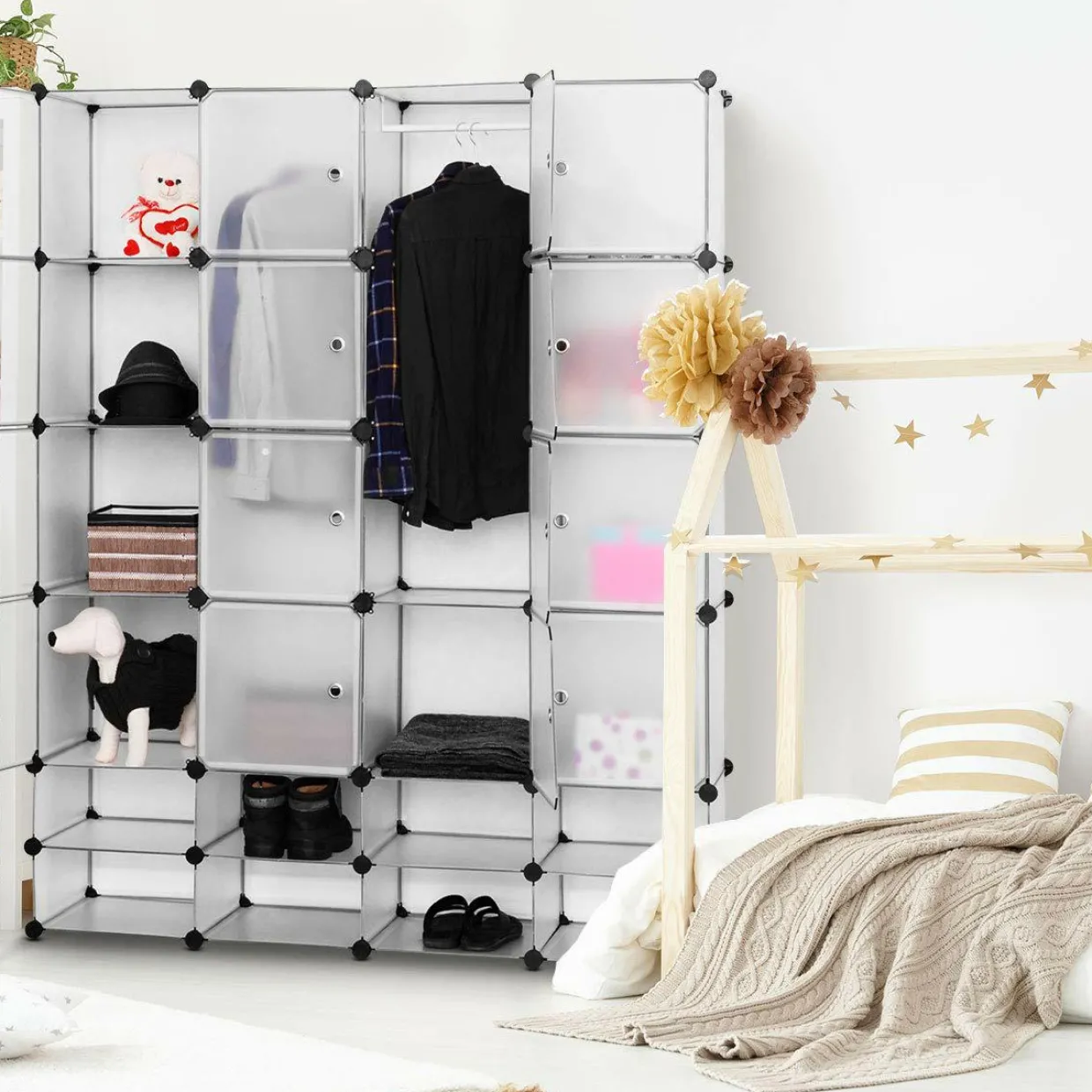 Portable Clothes Closet Wardrobe Bedroom Armoire DIY Storage Organizer Closet with Doors, 16 Cubes and 8 Shoe Racks