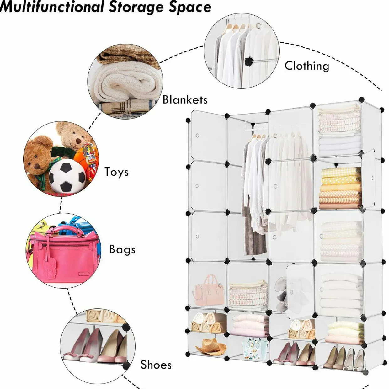 Portable Clothes Closet Wardrobe Bedroom Armoire DIY Storage Organizer Closet with Doors, 16 Cubes and 8 Shoe Racks
