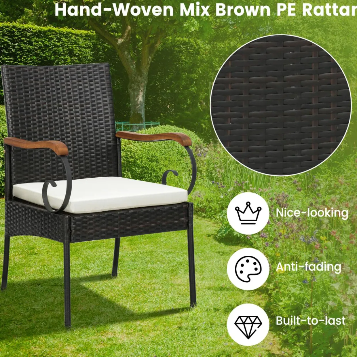 Set of 2, Outdoor PE Rattan Chairs with Soft Zippered Cushion, Heavy-Duty Metal Frame & All-Weather Wicker