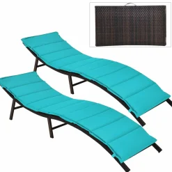 Set of 2 Patio Chaise, Foldable Outdoor Patio Wicker Lounger Chair