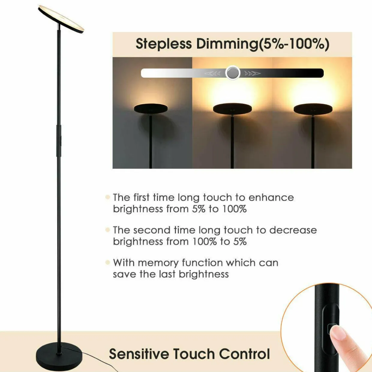 Sky LED Torchiere Floor Lamp, Dimmable Standing Light with 3 Light Options