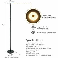 Sky LED Torchiere Floor Lamp, Dimmable Standing Light with 3 Light Options