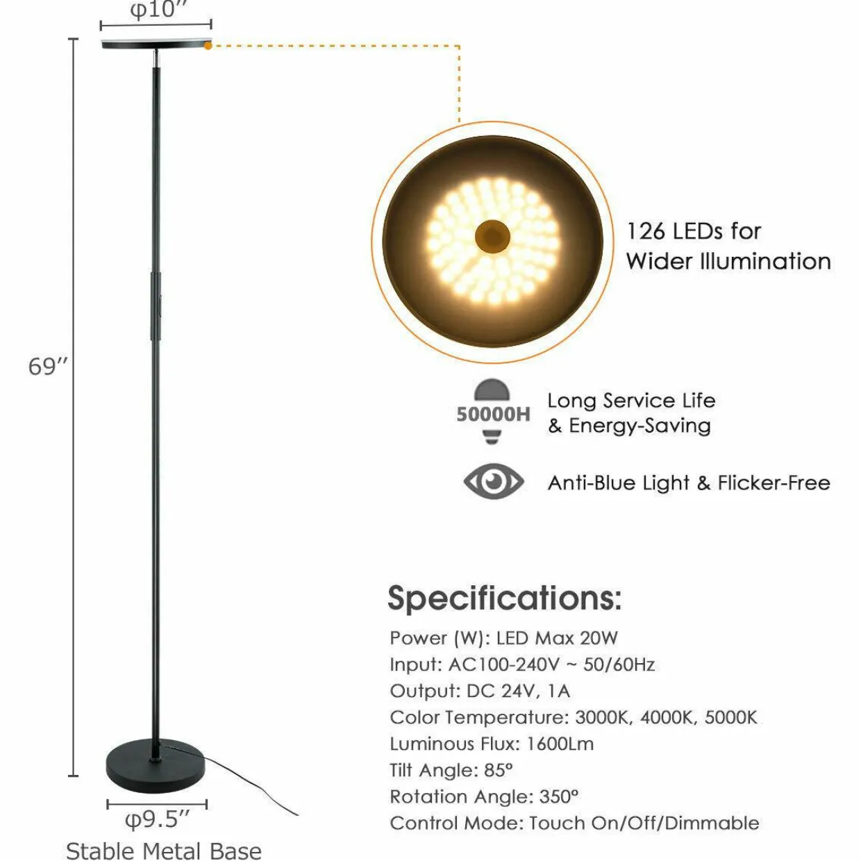 Sky LED Torchiere Floor Lamp, Dimmable Standing Light with 3 Light Options