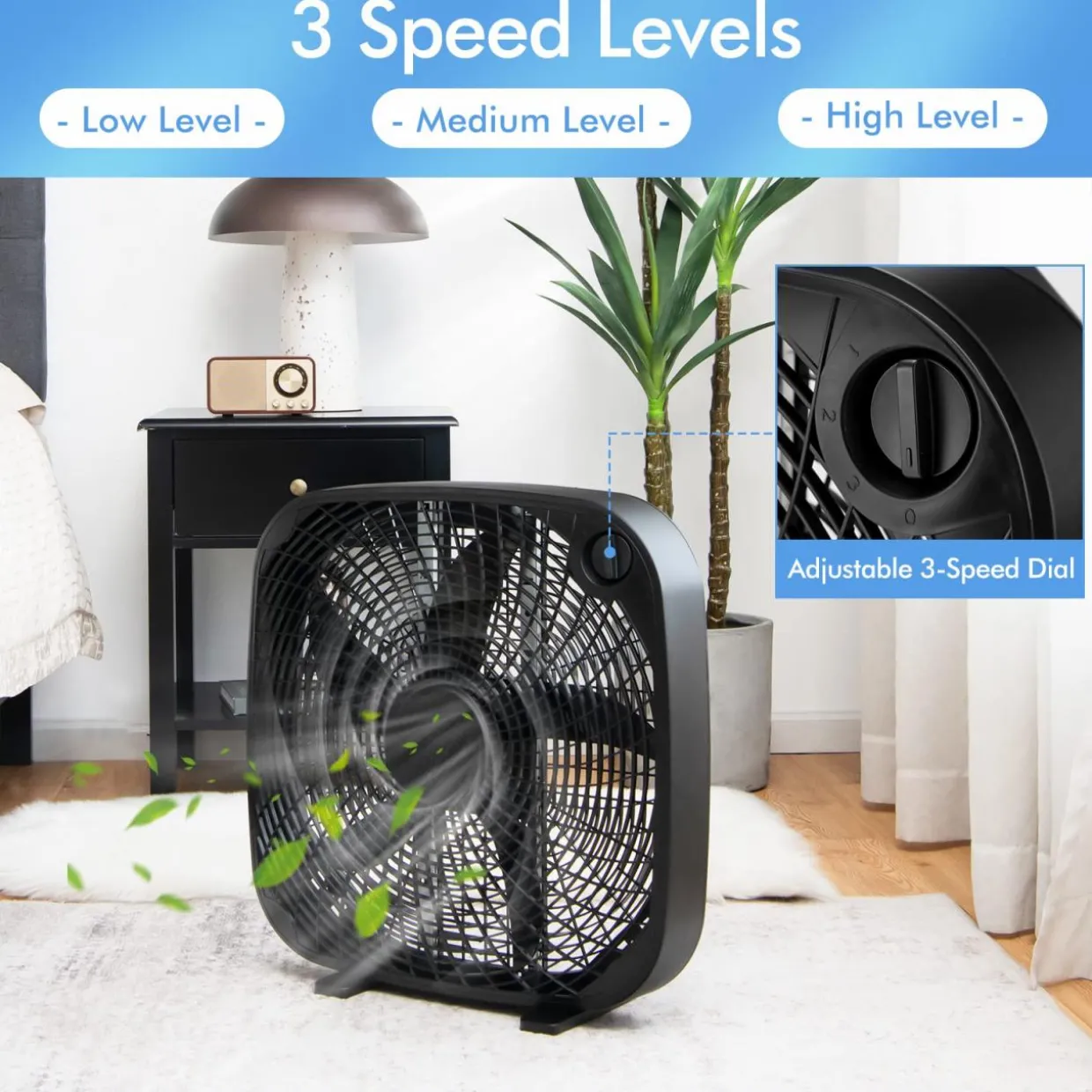 3-Speed Box Fan, 20 inch Floor Fan for Full-Force Circulation with Air Conditioner