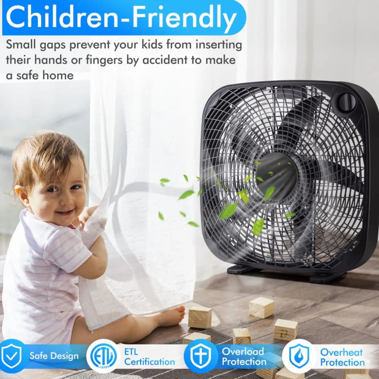 3-Speed Box Fan, 20 inch Floor Fan for Full-Force Circulation with Air Conditioner