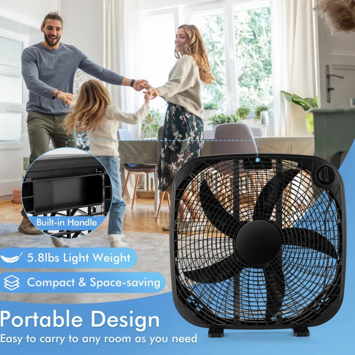 3-Speed Box Fan, 20 inch Floor Fan for Full-Force Circulation with Air Conditioner