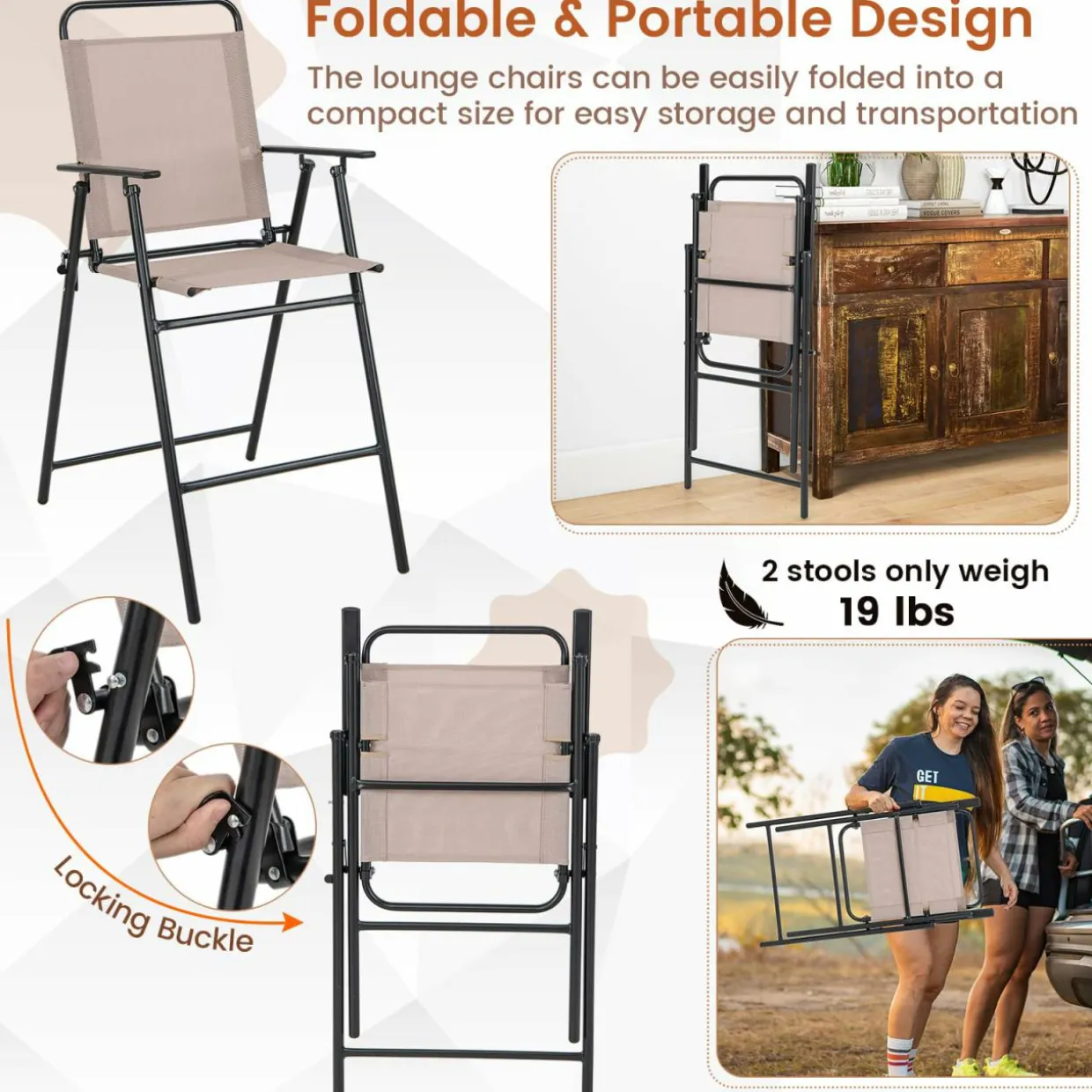 TAGNKULA Outdoor Folding Bar Stool Set of 2/4, Patio Dining Chairs, Outdoor Bar-Height Stools w/Armrests