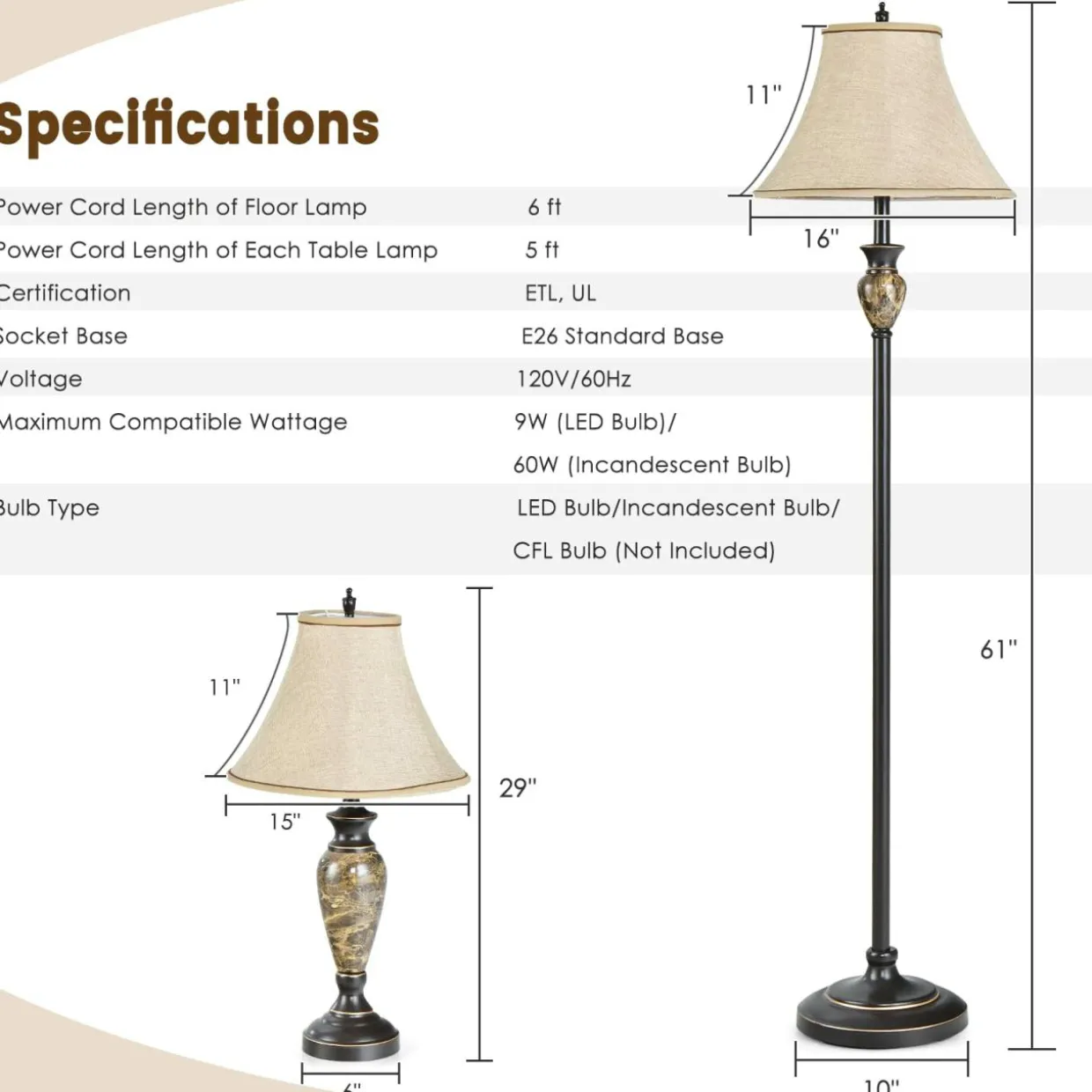 Tangkkula Table and Floor Lamp Set, 3-Piece Traditional Style Lamp Set with Linen Fabric Lamp Shades and Weighted Bases for Living Room