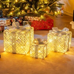 Tangkukla 3 Pack Christmas Lighted Gift Box, Pre-Lit Festive Boxes w/ 50 LED Lights