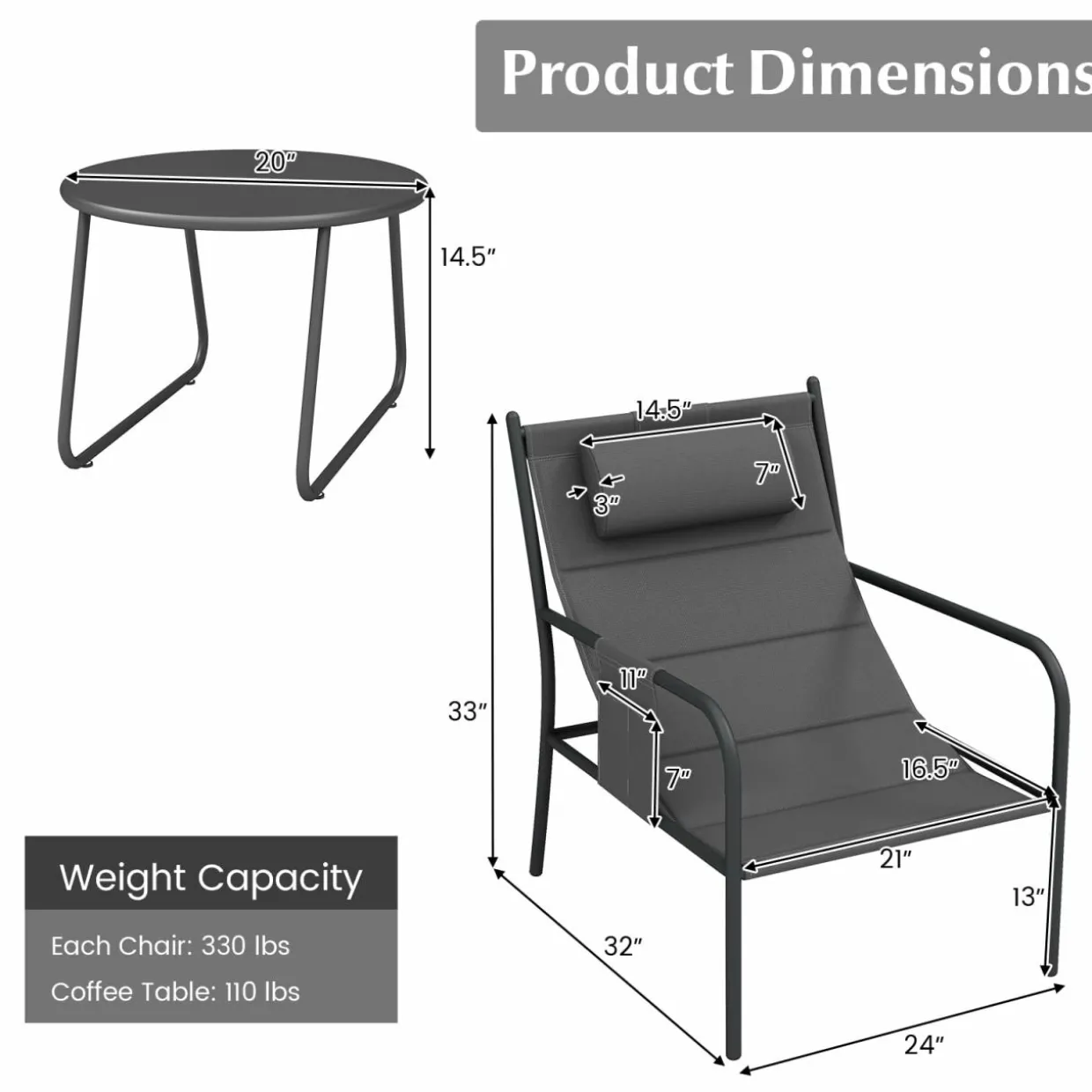 Tangkukla 3 Piece Outdoor Bistro Set, Patio Metal Chair & Coffee Table Set