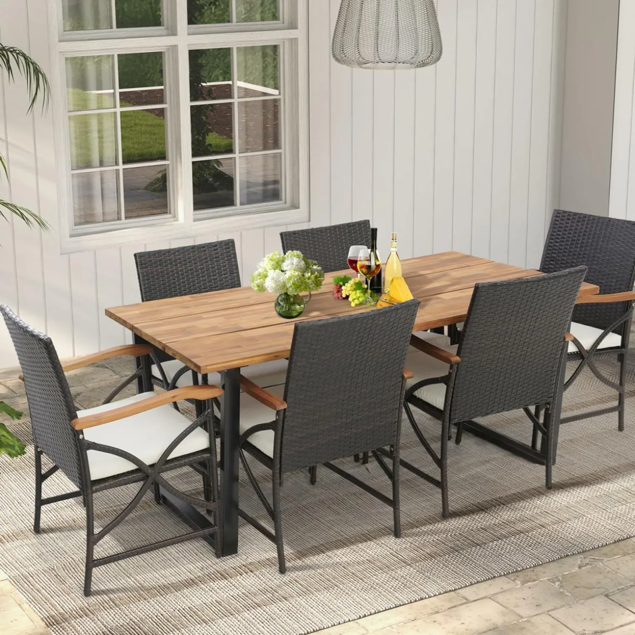 Tangkula 5 /7 PCS Patio Rattan Dining Set, Outdoor Wicker Chair & Dining Table Set