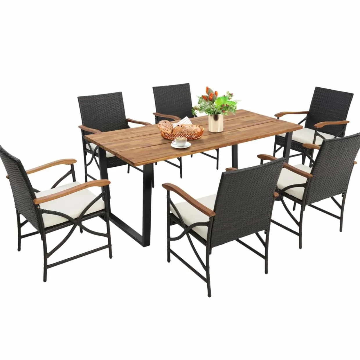 Tangkula 5 /7 PCS Patio Rattan Dining Set, Outdoor Wicker Chair & Dining Table Set