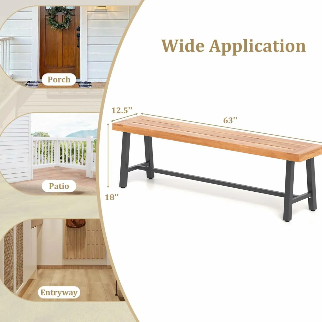Tangkula 63" Acacia Wood Outdoor Bench, 3-Person Patio Bench with 800 lbs Weight Capacity