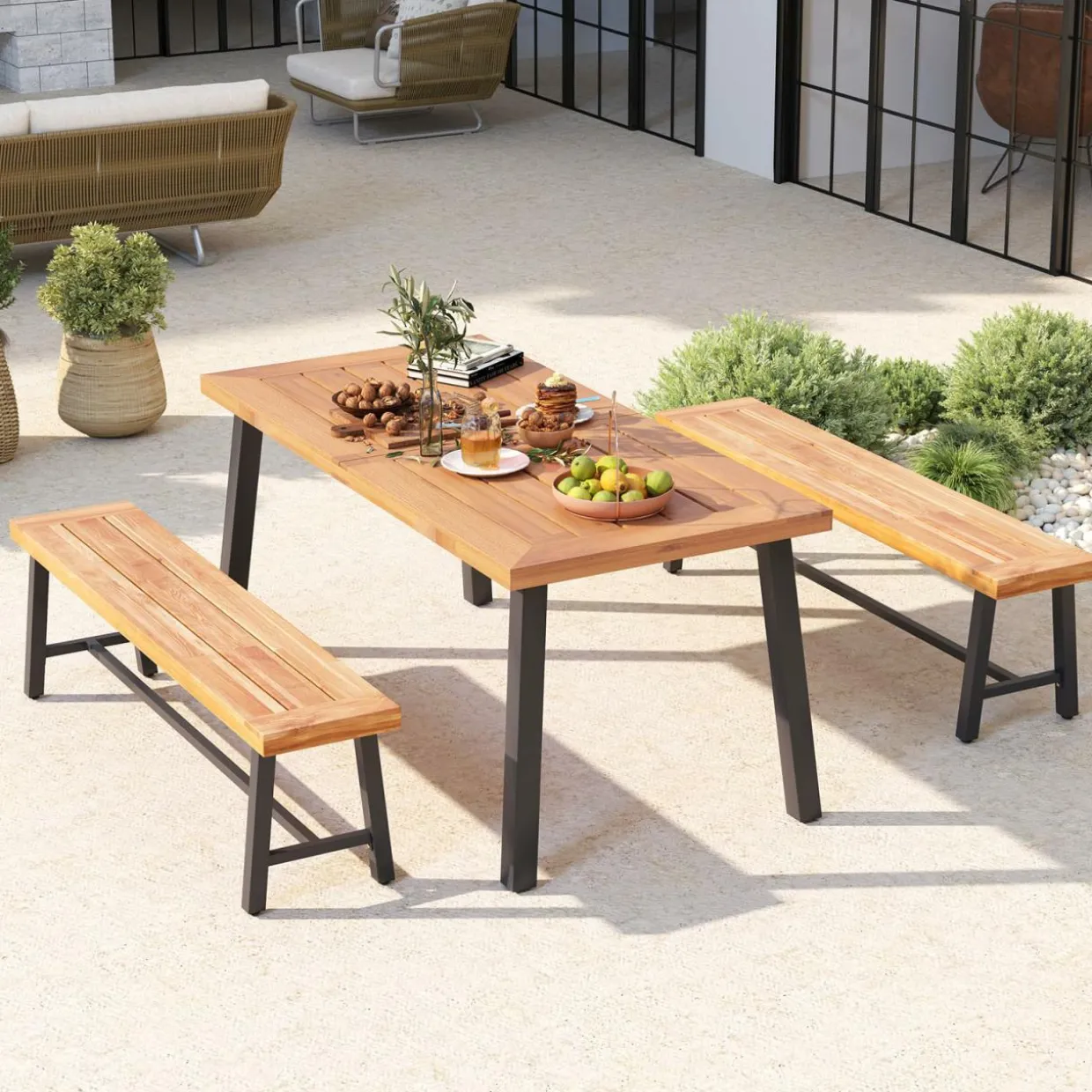 Tangkula 63" Acacia Wood Outdoor Bench, 3-Person Patio Bench with 800 lbs Weight Capacity
