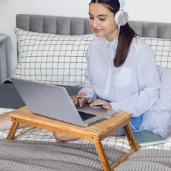 Tangkula 100% Bamboo Laptop Desk with Tilting Top & Drawer