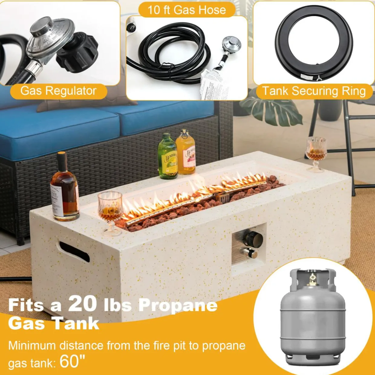 Tangkula 50,000 BTU Outdoor Fire Pit Table, 42" Rectangle Terrazzo Propane Gas Fire Table with Auto-Ignition