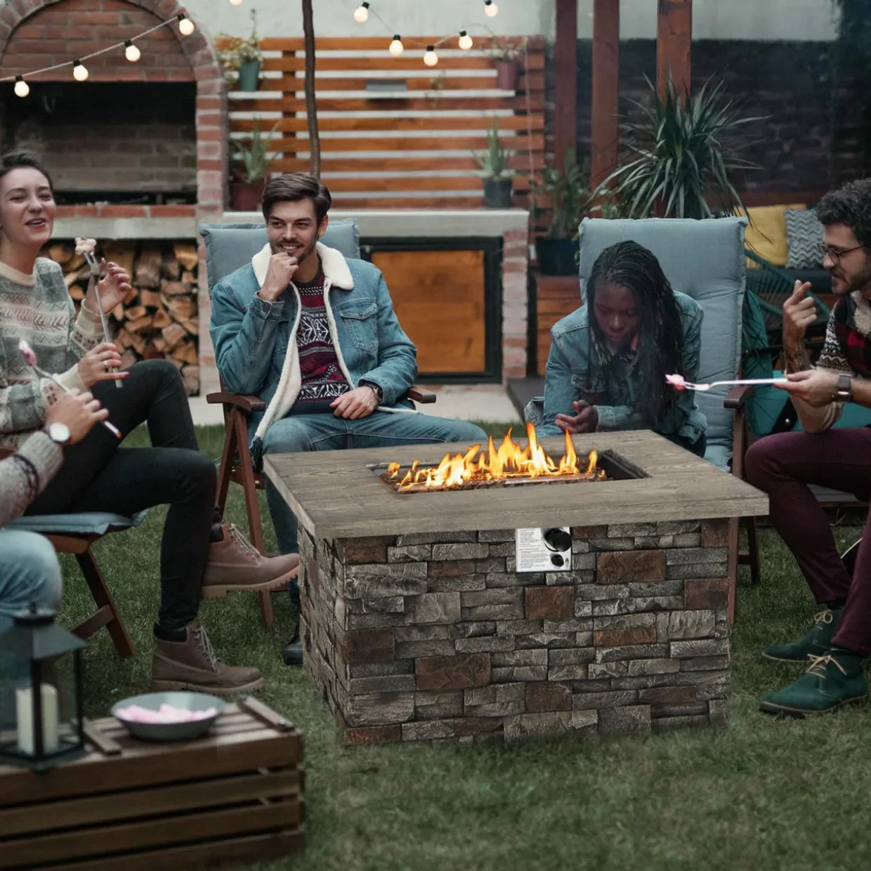 Tangkula 50,000 BTU Propane Fire Pit Table, 43.5 Inch Rectangle Fire Table with Faux Stone Surface