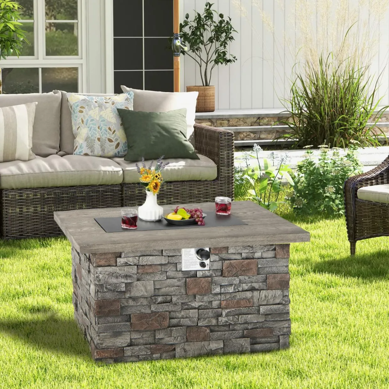 Tangkula 50,000 BTU Propane Fire Pit Table, 43.5 Inch Rectangle Fire Table with Faux Stone Surface